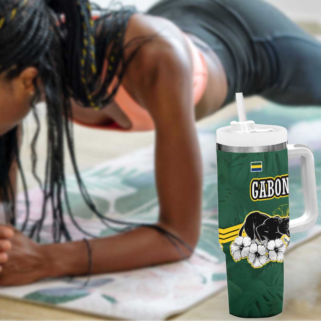Gabon Tumbler With Handle - Black Panther Graphic and Hibiscus Flower Design in National Colors