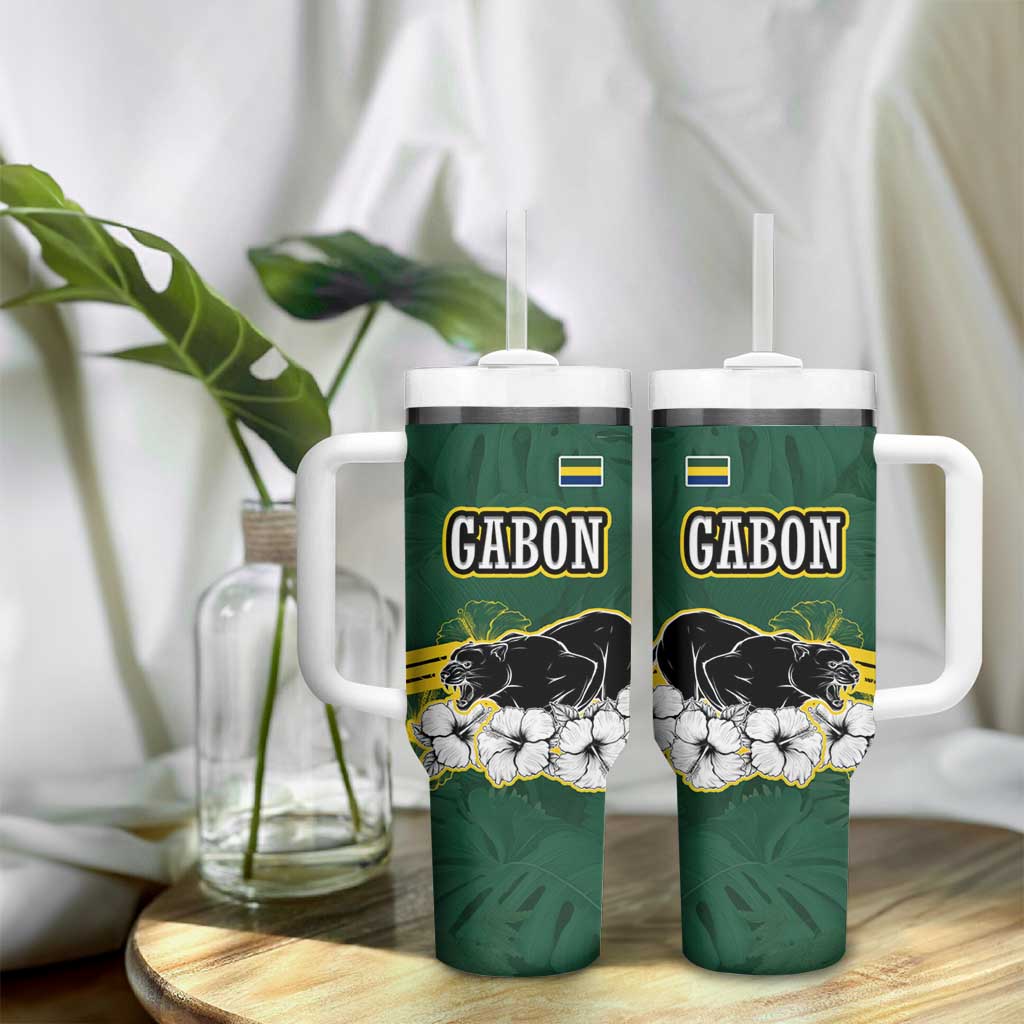 Gabon Tumbler With Handle - Black Panther Graphic and Hibiscus Flower Design in National Colors