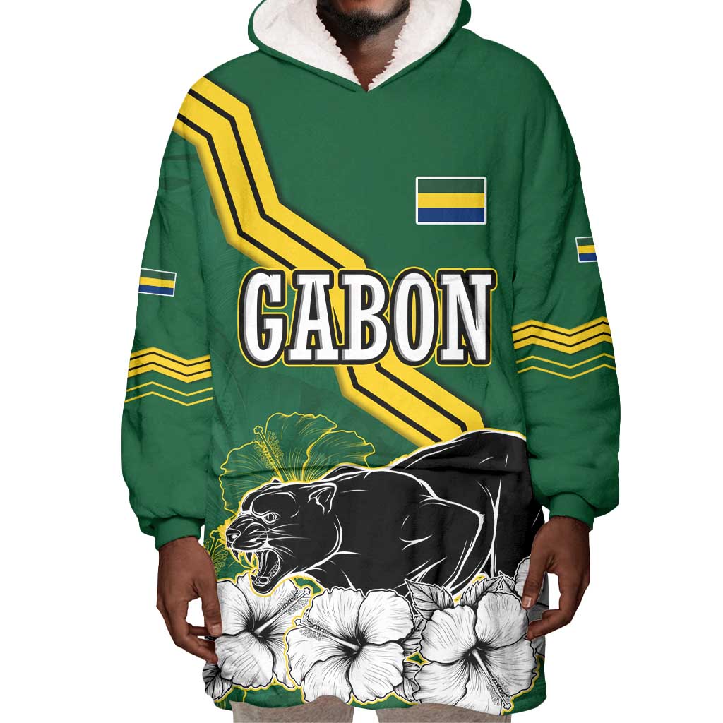 Gabon Wearable Blanket Hoodie - Black Panther Graphic and Hibiscus Flower Design in National Colors