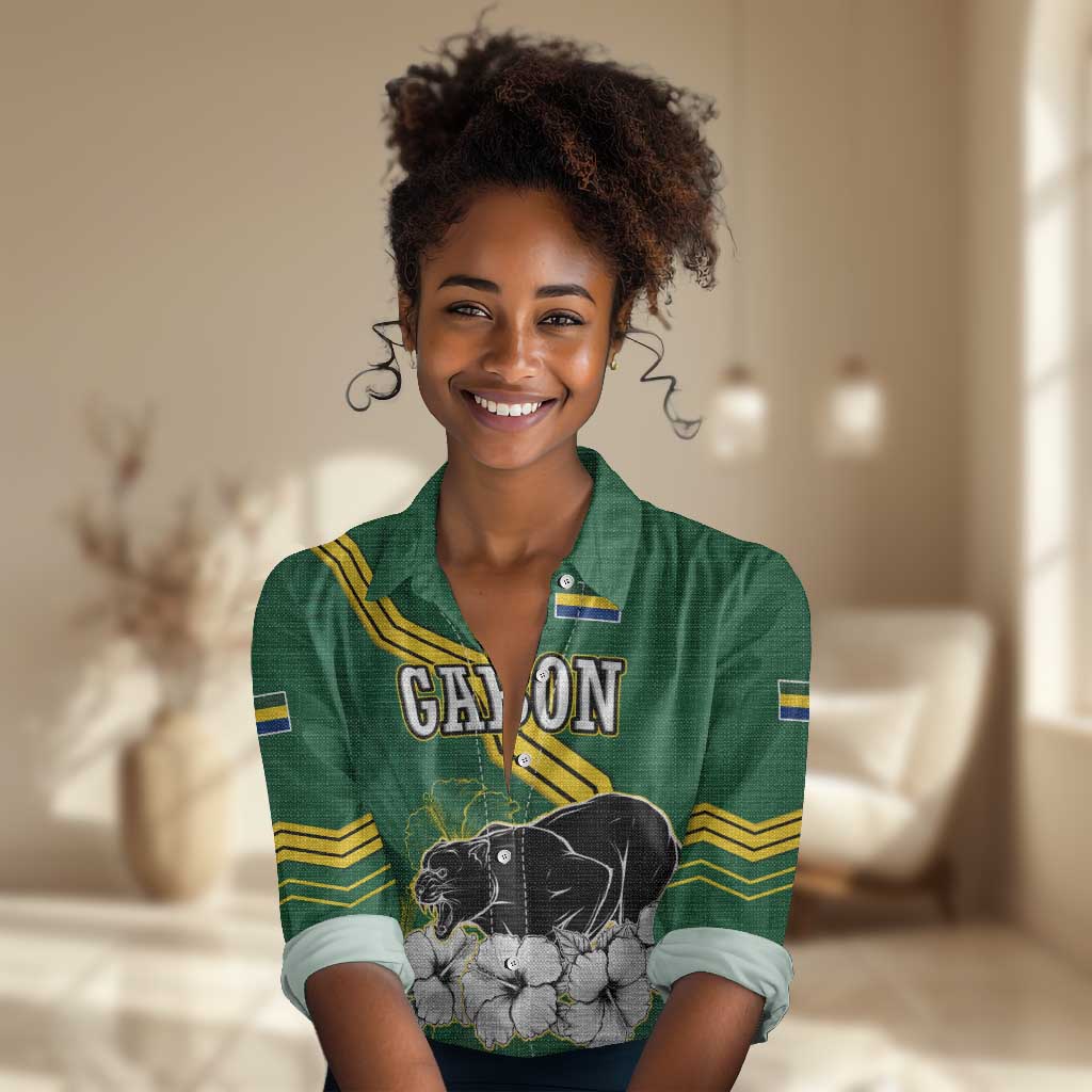 Gabon Women Casual Shirt - Black Panther Graphic and Hibiscus Flower Design in National Colors