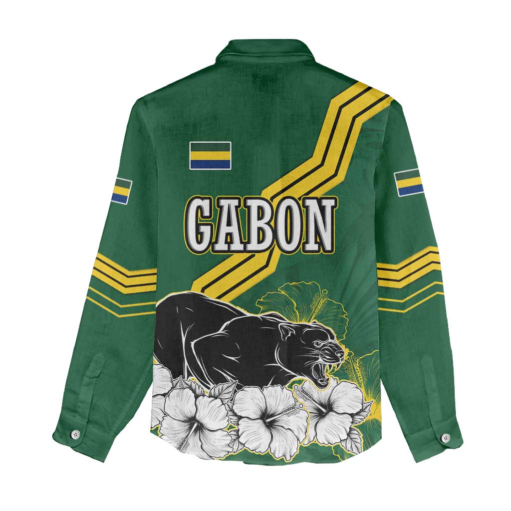 Gabon Women Casual Shirt - Black Panther Graphic and Hibiscus Flower Design in National Colors