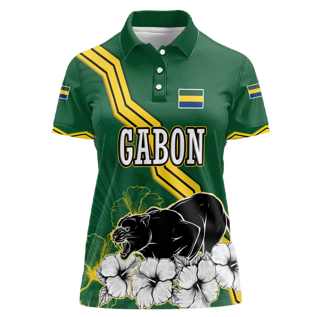 Gabon Women Polo Shirt - Black Panther Graphic and Hibiscus Flower Design in National Colors