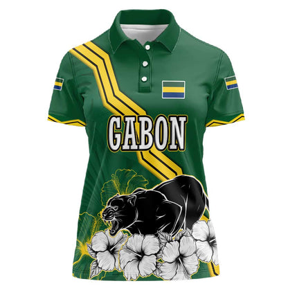 Gabon Women Polo Shirt - Black Panther Graphic and Hibiscus Flower Design in National Colors