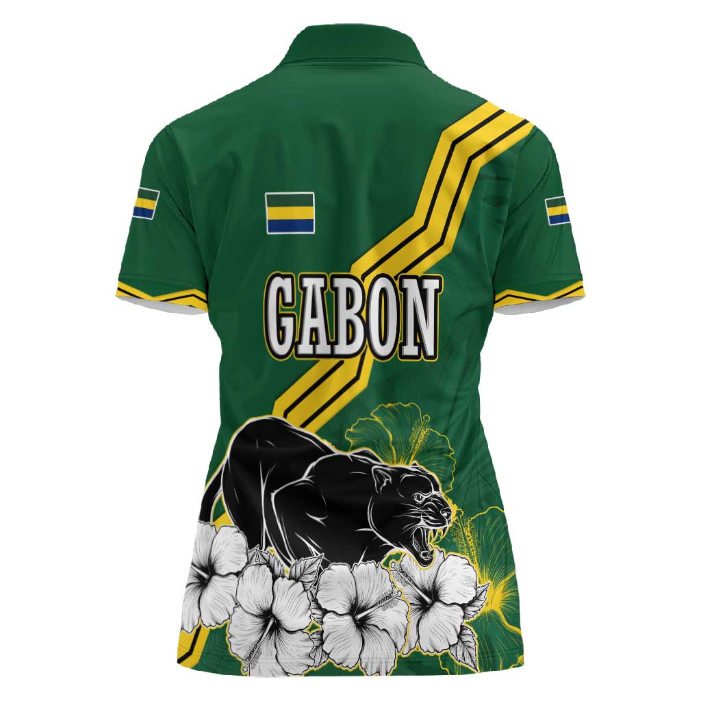 Gabon Women Polo Shirt - Black Panther Graphic and Hibiscus Flower Design in National Colors
