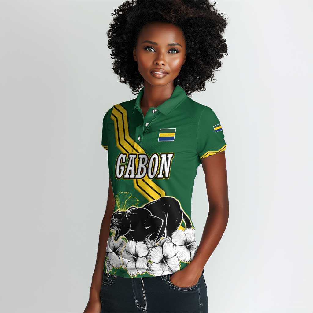 Gabon Women Polo Shirt - Black Panther Graphic and Hibiscus Flower Design in National Colors