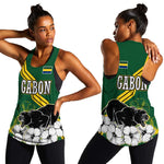 Gabon Women Racerback Tank - Black Panther Graphic and Hibiscus Flower Design in National Colors