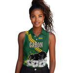 Gabon Women Sleeveless Polo Shirt - Black Panther Graphic and Hibiscus Flower Design in National Colors
