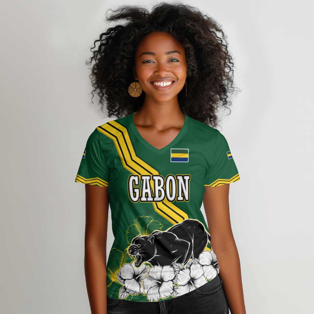 Gabon Women V-Neck T-Shirt - Black Panther Graphic and Hibiscus Flower Design in National Colors