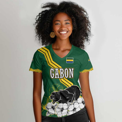 Gabon Women V-Neck T-Shirt - Black Panther Graphic and Hibiscus Flower Design in National Colors