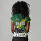 Gabon Women V-Neck T-Shirt - Black Panther Graphic and Hibiscus Flower Design in National Colors
