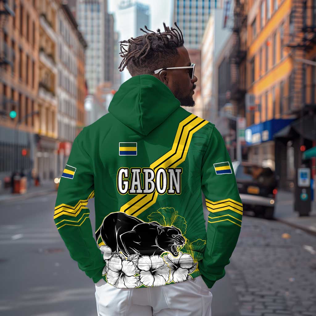 Gabon Zip Hoodie - Black Panther Graphic and Hibiscus Flower Design in National Colors