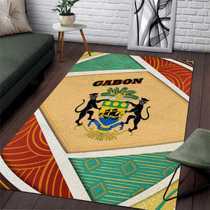 Gabon Area Rug - National Coat of Arms and Tribal Pattern Map Design in Bold Colors