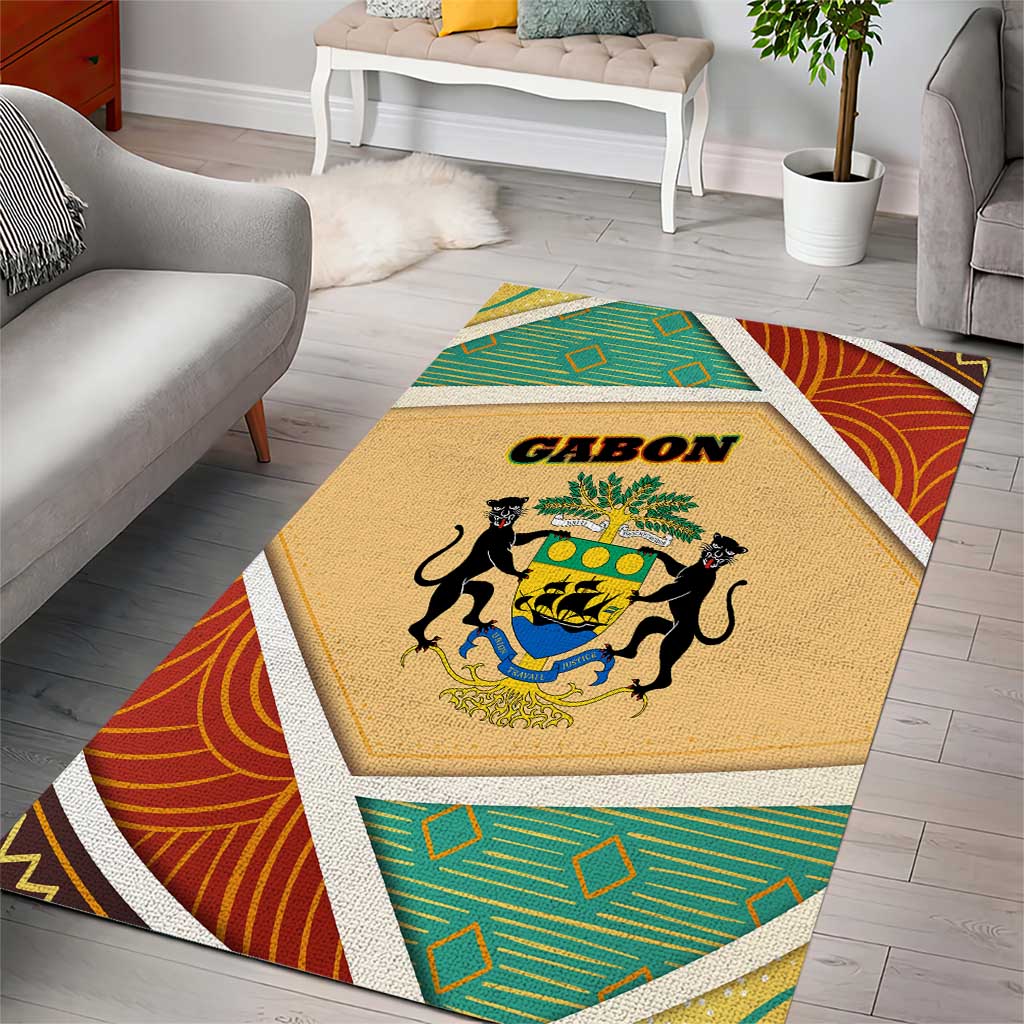 Gabon Area Rug - National Coat of Arms and Tribal Pattern Map Design in Bold Colors