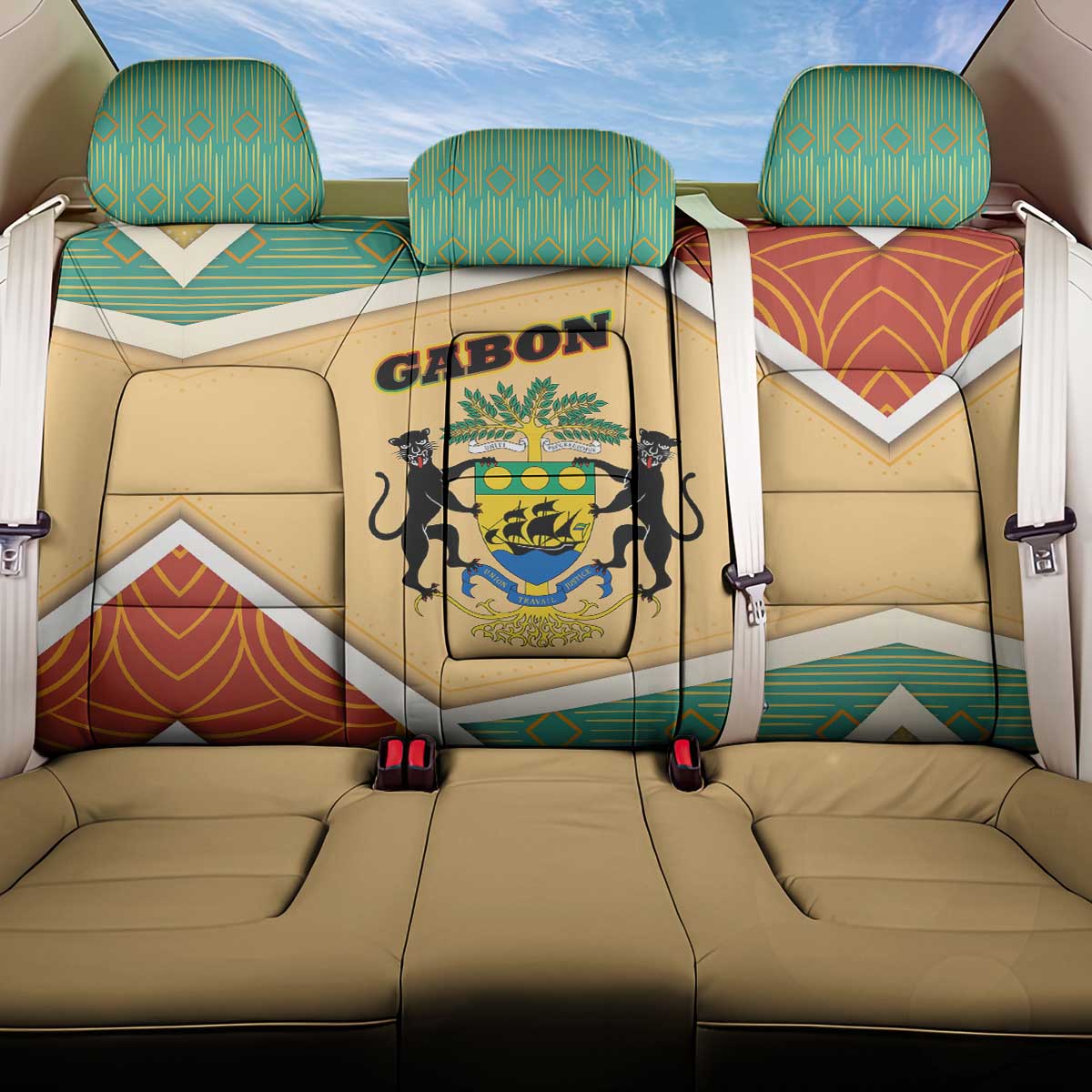 Gabon Back Car Seat Cover - National Coat of Arms and Tribal Pattern Map Design in Bold Colors