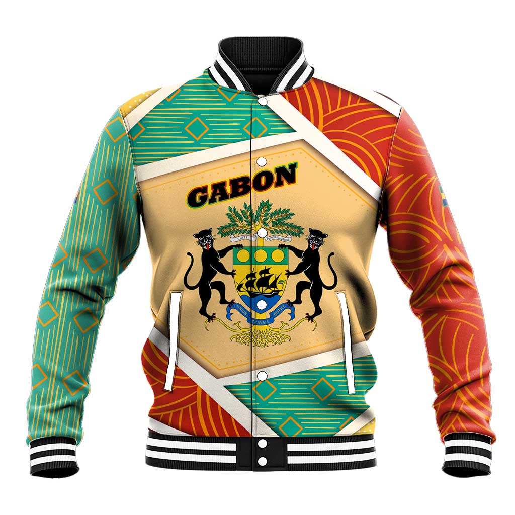 Gabon Baseball Jacket - National Coat of Arms and Tribal Pattern Map Design in Bold Colors