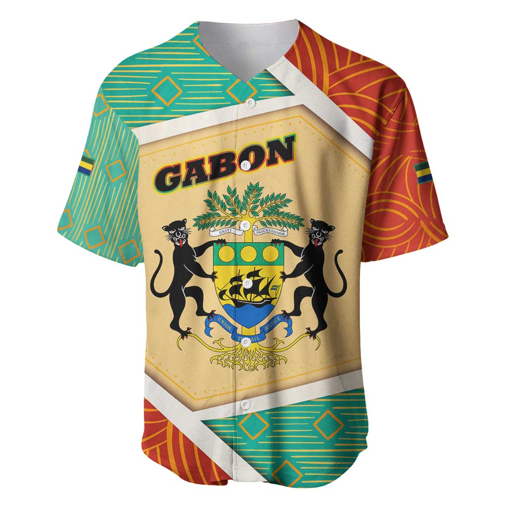 Gabon Baseball Jersey - National Coat of Arms and Tribal Pattern Map Design in Bold Colors