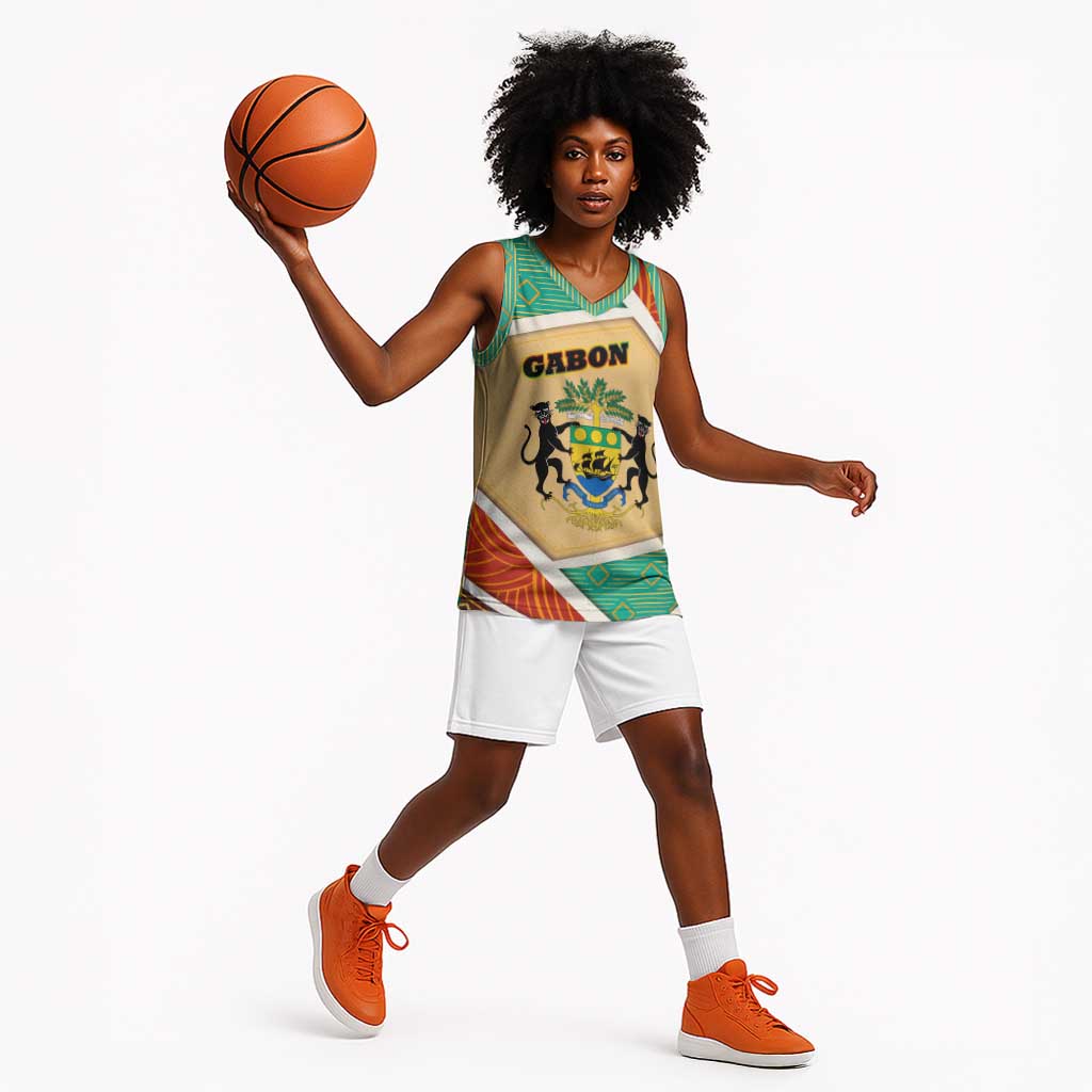 Gabon Basketball Jersey - National Coat of Arms and Tribal Pattern Map Design in Bold Colors TS04