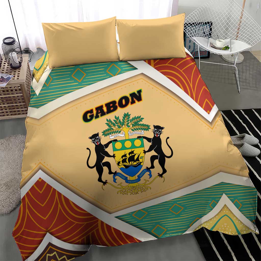 Gabon Bedding Set - National Coat of Arms and Tribal Pattern Map Design in Bold Colors