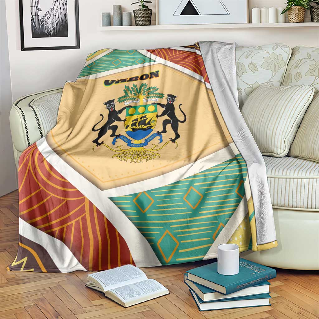 Gabon Blanket - National Coat of Arms and Tribal Pattern Map Design in Bold Colors