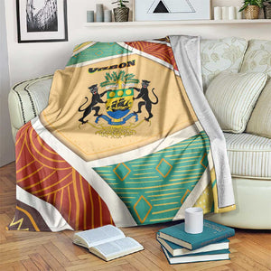 Gabon Blanket - National Coat of Arms and Tribal Pattern Map Design in Bold Colors