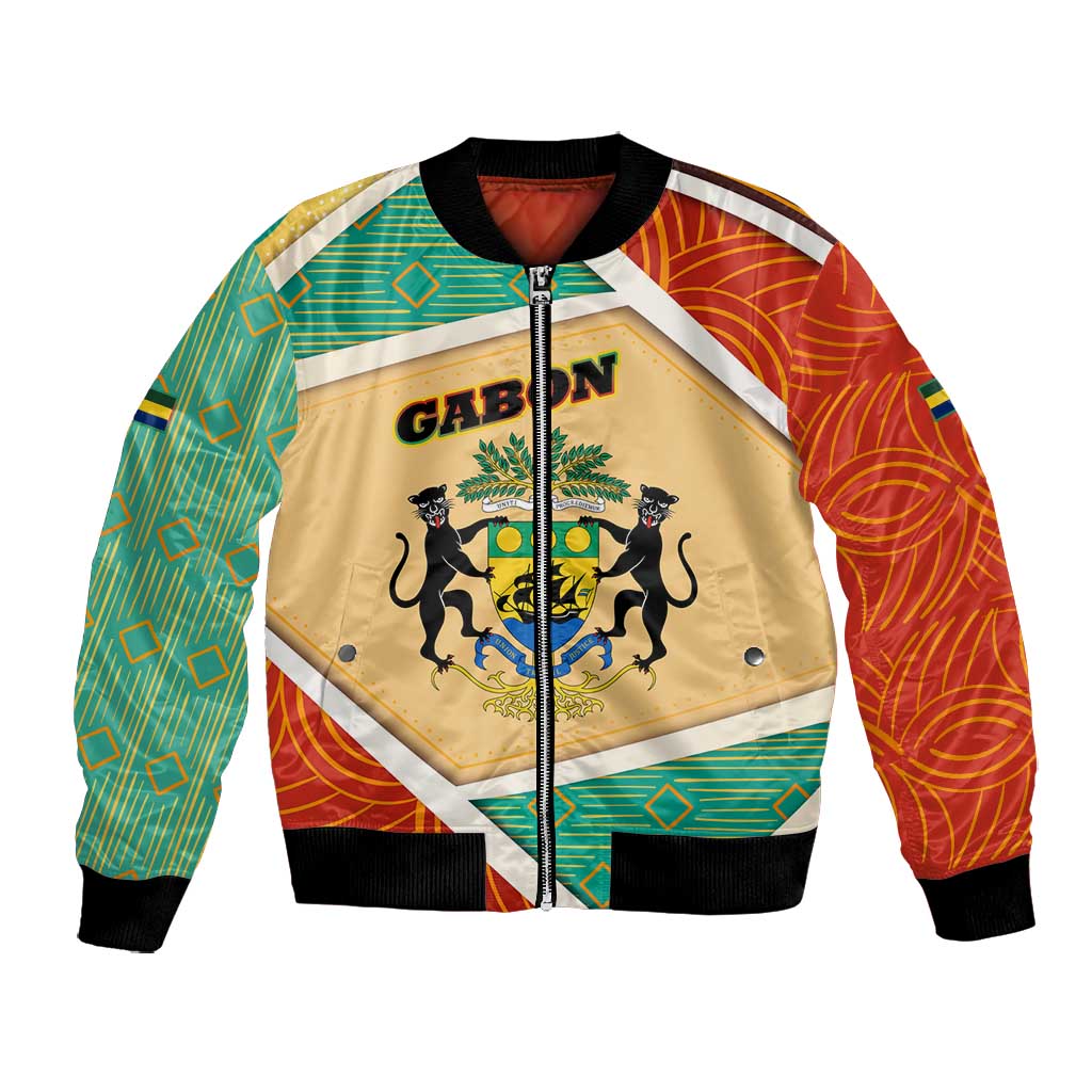 Gabon Bomber Jacket - National Coat of Arms and Tribal Pattern Map Design in Bold Colors