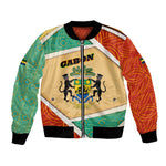 Gabon Bomber Jacket - National Coat of Arms and Tribal Pattern Map Design in Bold Colors