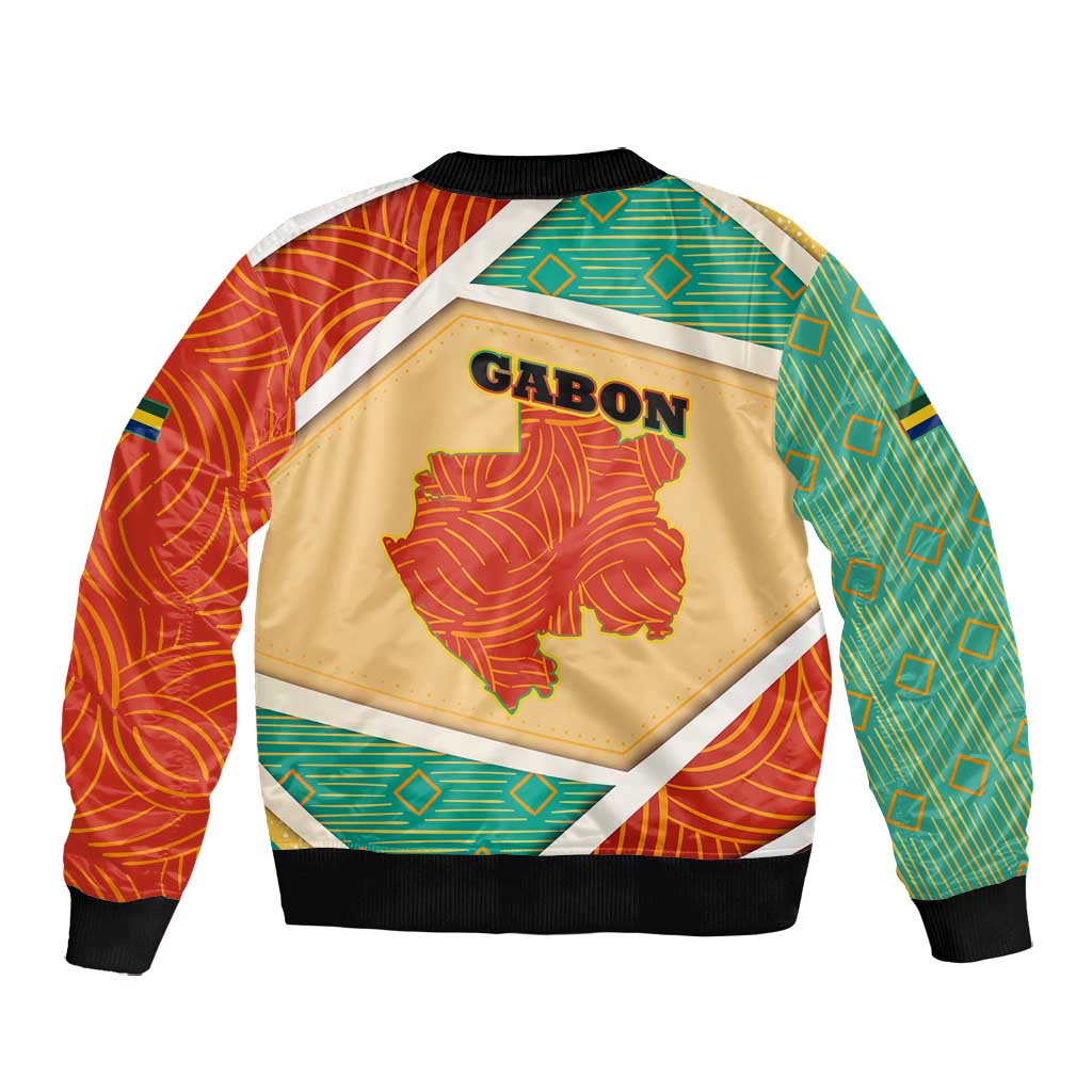 Gabon Bomber Jacket - National Coat of Arms and Tribal Pattern Map Design in Bold Colors