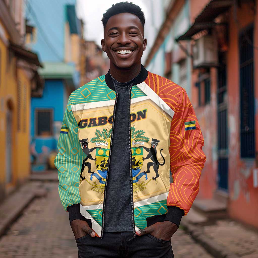 Gabon Bomber Jacket - National Coat of Arms and Tribal Pattern Map Design in Bold Colors