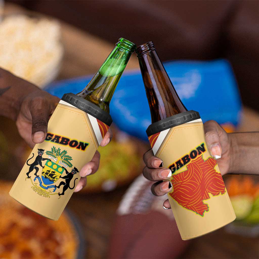 Gabon 4 in 1 Can Cooler Tumbler - National Coat of Arms and Tribal Pattern Map Design in Bold Colors