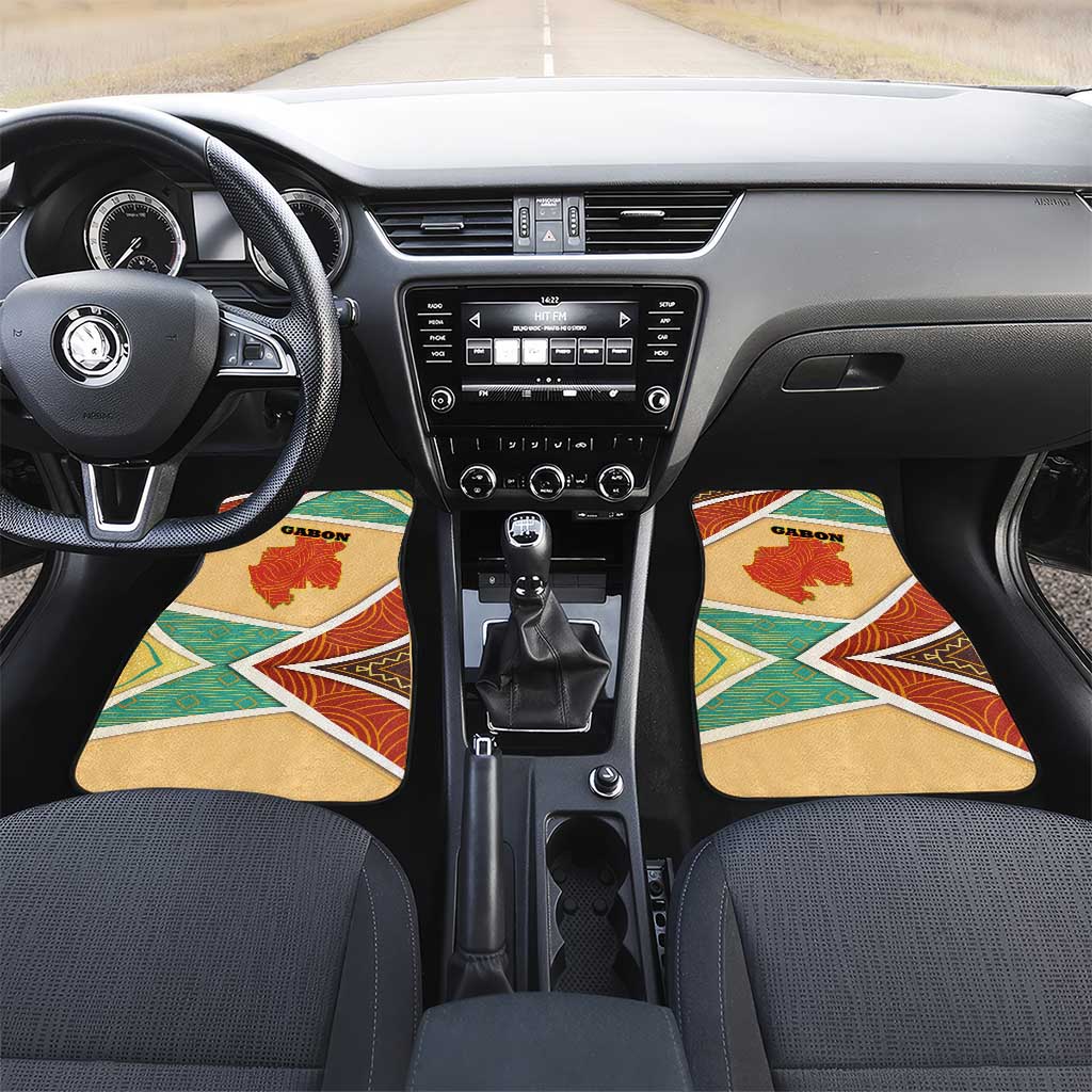 Gabon Car Mats - National Coat of Arms and Tribal Pattern Map Design in Bold Colors