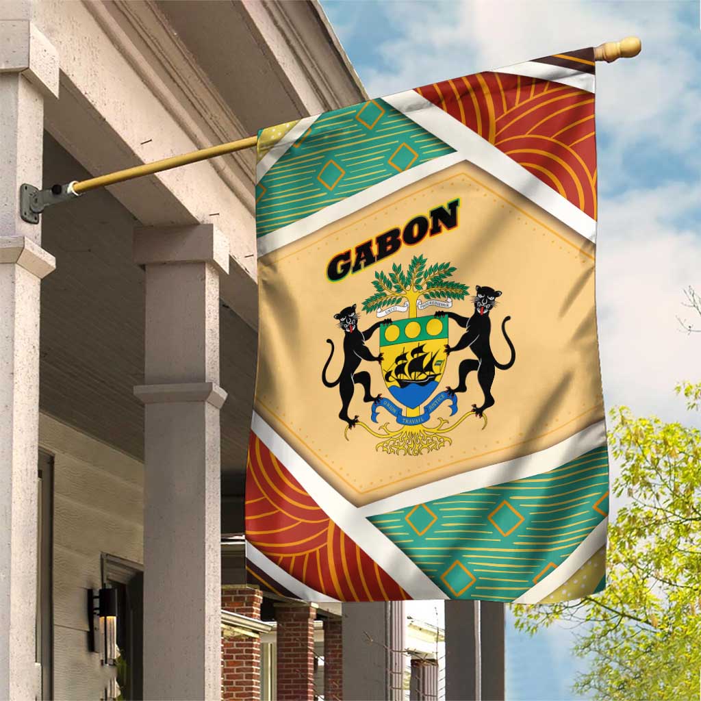 Gabon Garden Flag - National Coat of Arms and Tribal Pattern Map Design in Bold Colors