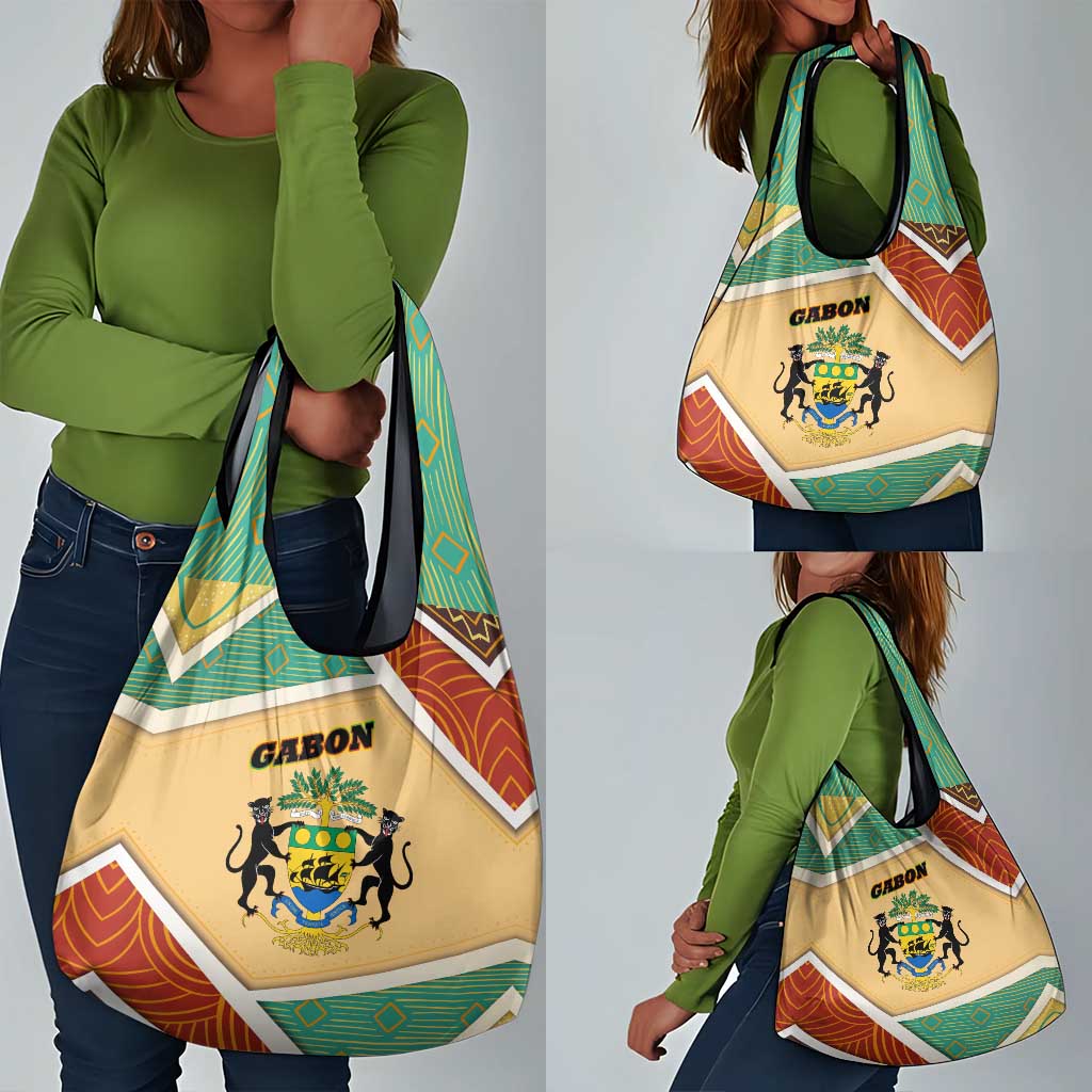 Gabon Grocery Bag - National Coat of Arms and Tribal Pattern Map Design in Bold Colors