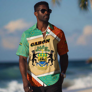 Gabon Hawaiian Shirt - National Coat of Arms and Tribal Pattern Map Design in Bold Colors