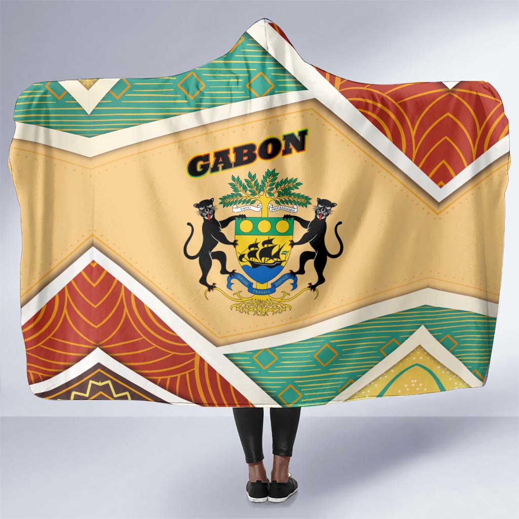 Gabon Hooded Blanket - National Coat of Arms and Tribal Pattern Map Design in Bold Colors
