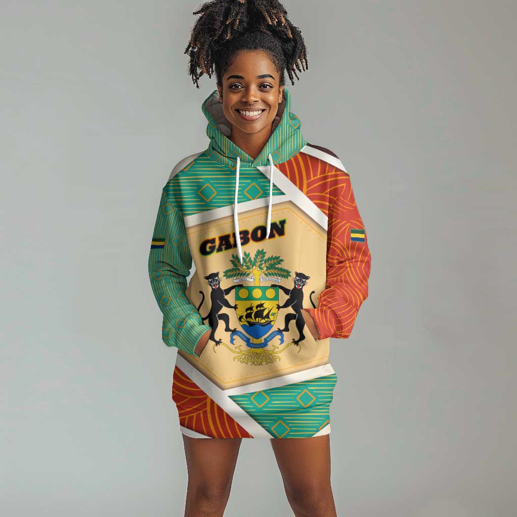 Gabon Hoodie Dress - National Coat of Arms and Tribal Pattern Map Design in Bold Colors