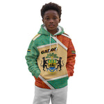 Gabon Kid Hoodie - National Coat of Arms and Tribal Pattern Map Design in Bold Colors