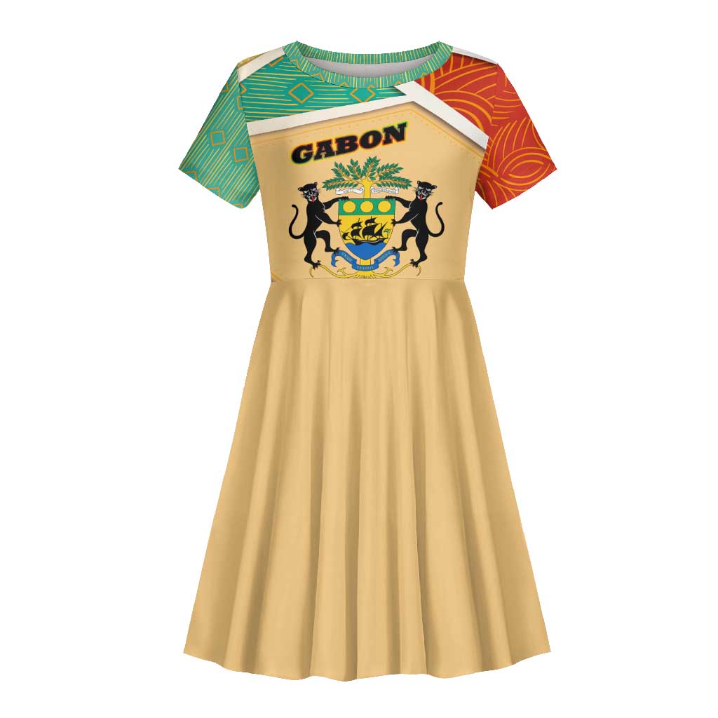 Gabon Kid Short Sleeve Dress - National Coat of Arms and Tribal Pattern Map Design in Bold Colors