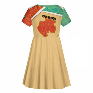 Gabon Kid Short Sleeve Dress - National Coat of Arms and Tribal Pattern Map Design in Bold Colors