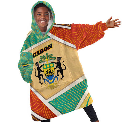 Gabon Kid Wearable Blanket Hoodie - National Coat of Arms and Tribal Pattern Map Design in Bold Colors
