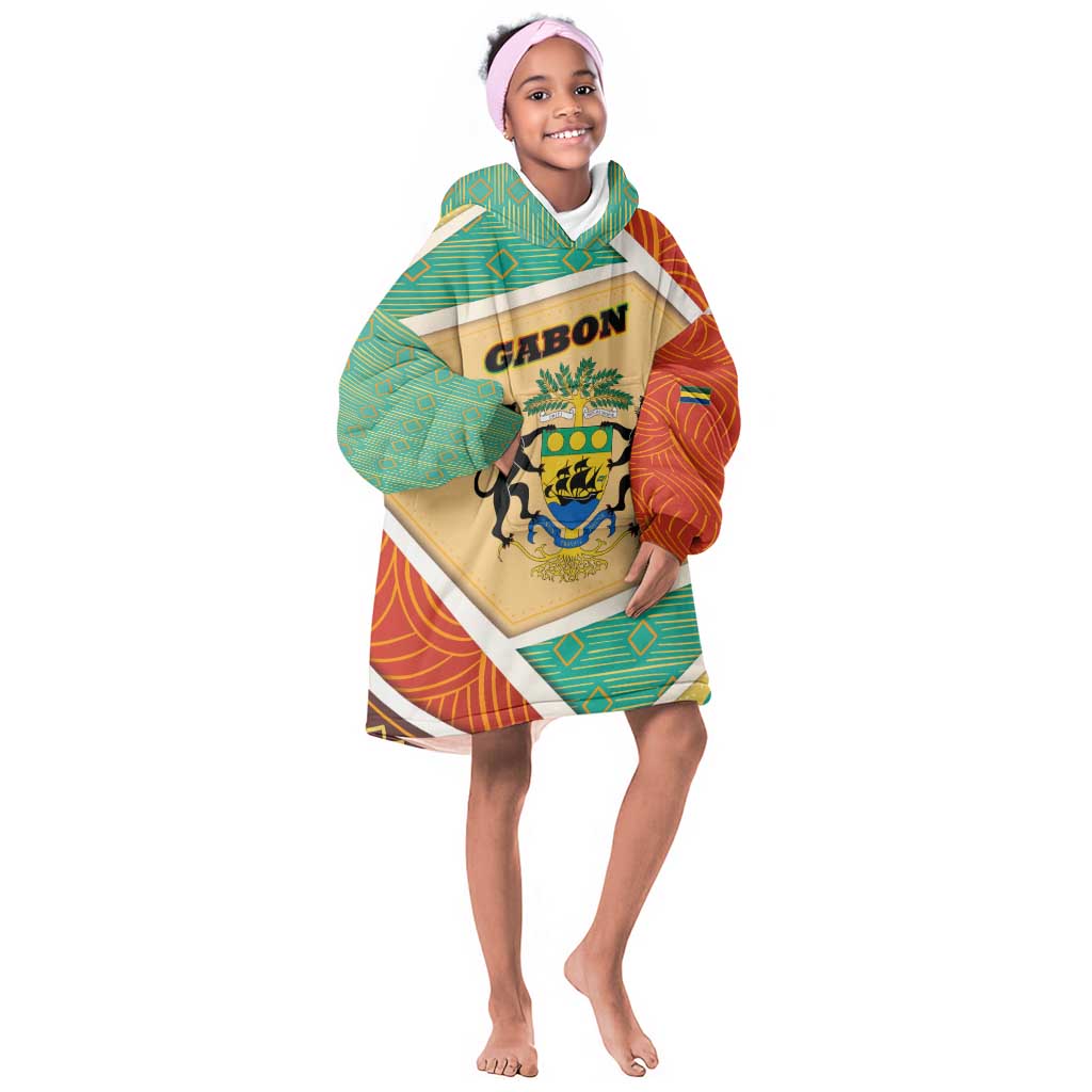 Gabon Kid Wearable Blanket Hoodie - National Coat of Arms and Tribal Pattern Map Design in Bold Colors