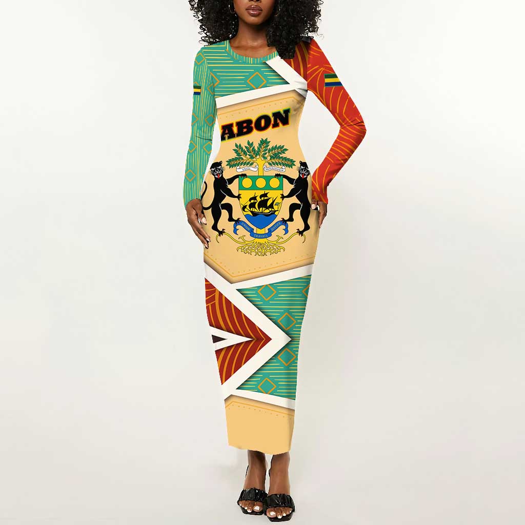 Gabon Long Sleeve Bodycon Dress - National Coat of Arms and Tribal Pattern Map Design in Bold Colors