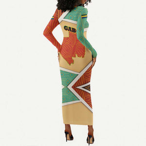Gabon Long Sleeve Bodycon Dress - National Coat of Arms and Tribal Pattern Map Design in Bold Colors