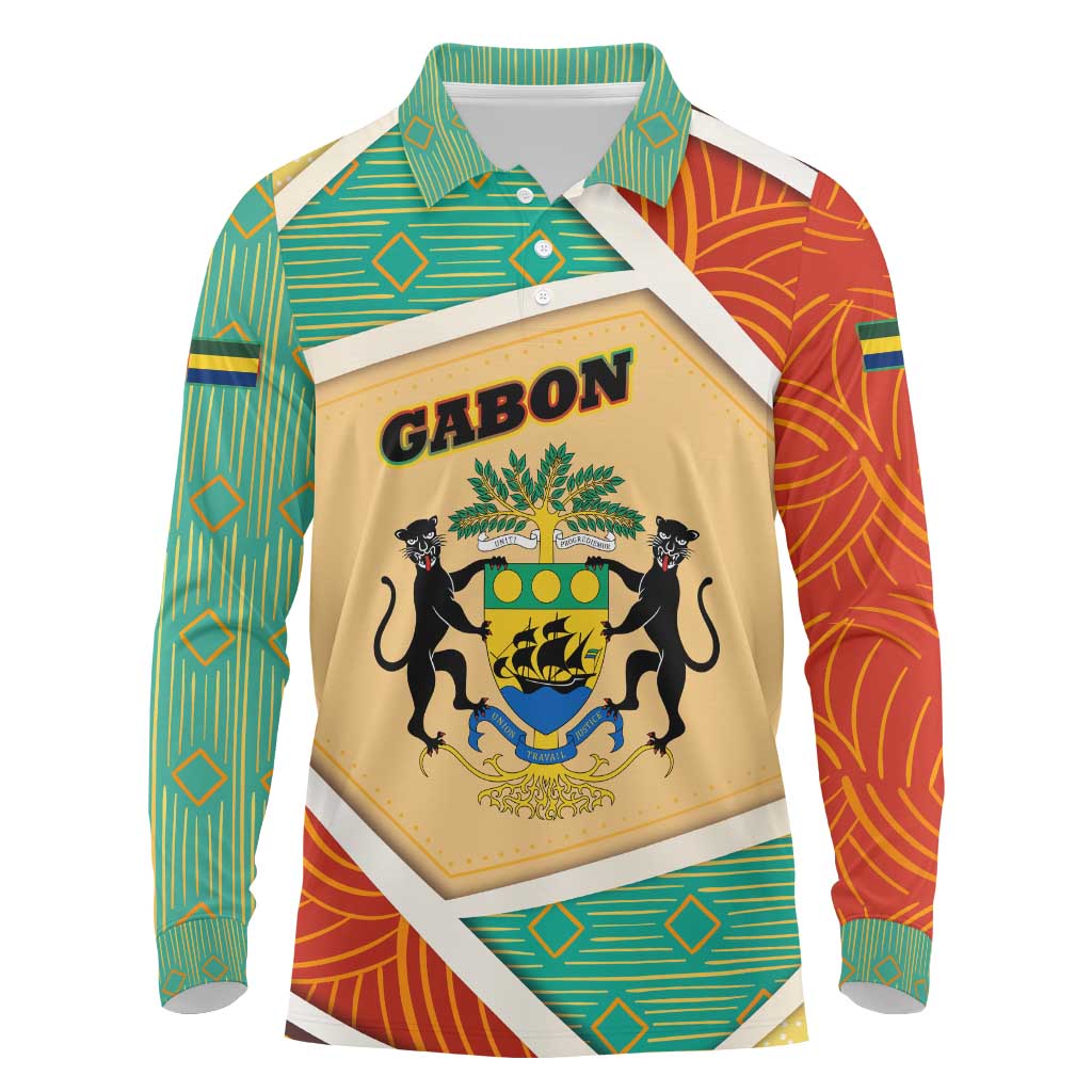 Gabon Long Sleeve Polo Shirt - National Coat of Arms and Tribal Pattern Map Design in Bold Colors