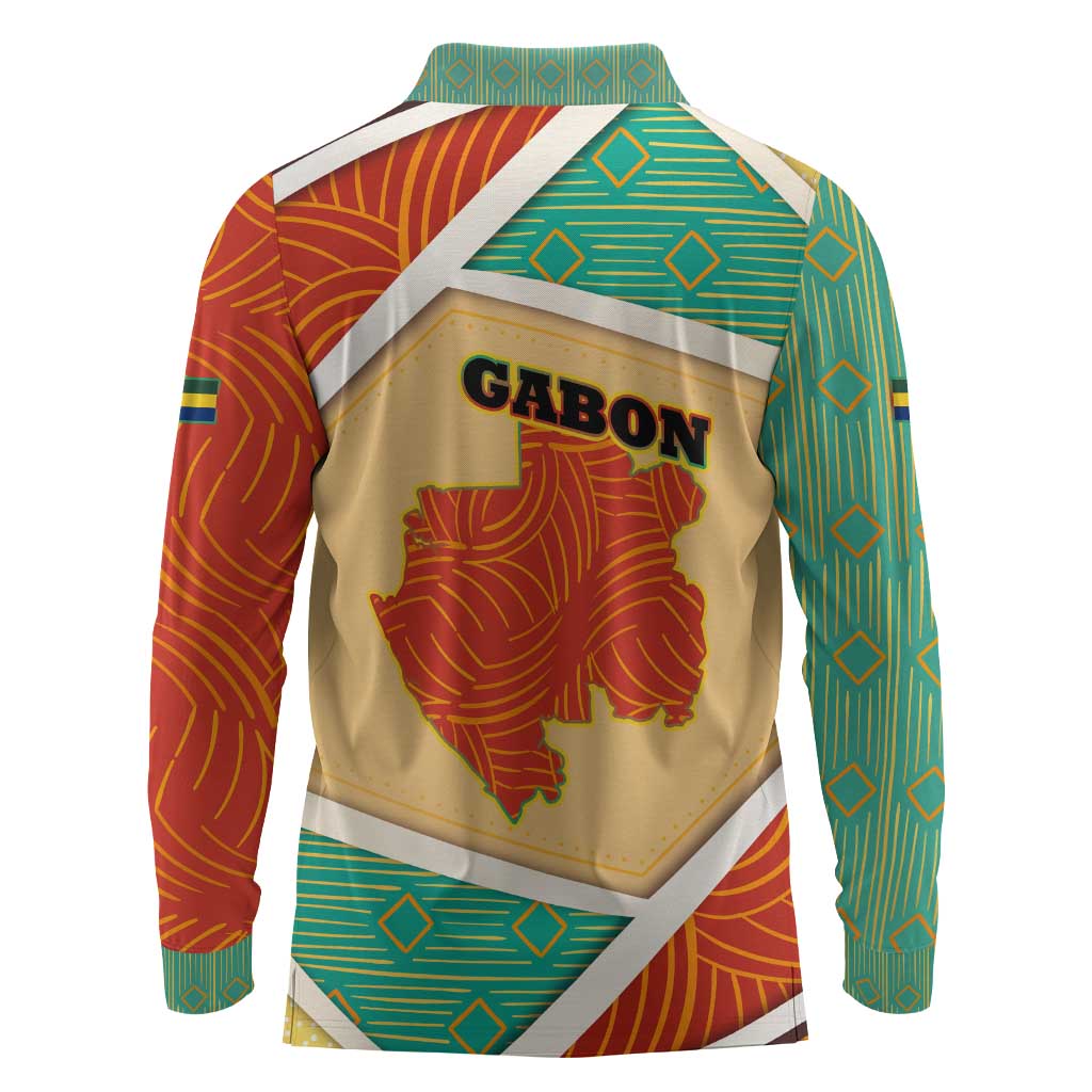Gabon Long Sleeve Polo Shirt - National Coat of Arms and Tribal Pattern Map Design in Bold Colors