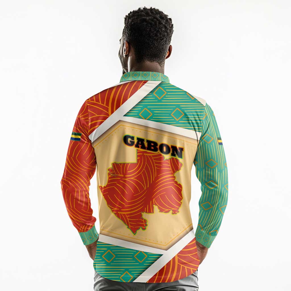 Gabon Long Sleeve Polo Shirt - National Coat of Arms and Tribal Pattern Map Design in Bold Colors