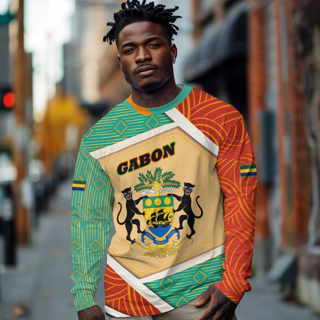 Gabon Long Sleeve Shirt - National Coat of Arms and Tribal Pattern Map Design in Bold Colors