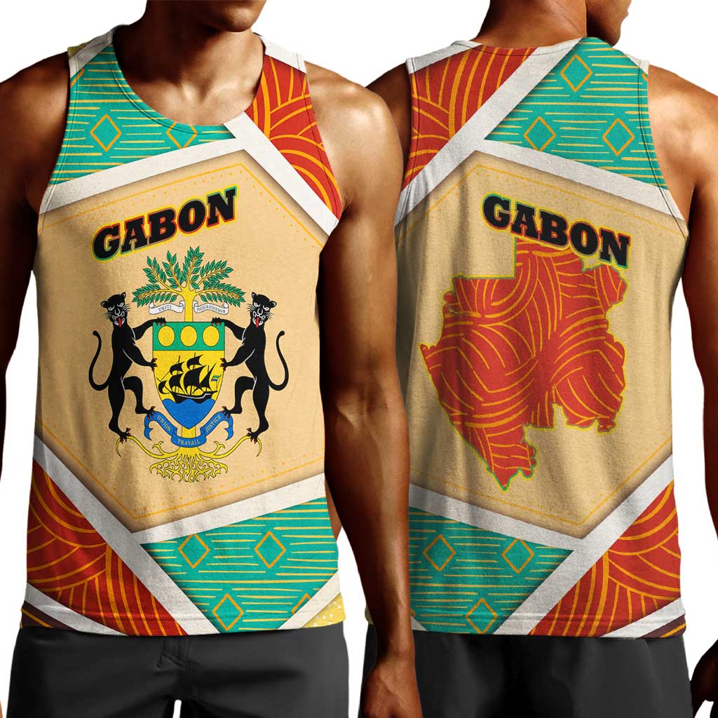 Gabon Men Tank Top - National Coat of Arms and Tribal Pattern Map Design in Bold Colors