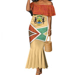 Gabon Mermaid Dress - National Coat of Arms and Tribal Pattern Map Design in Bold Colors