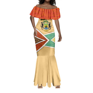 Gabon Mermaid Dress - National Coat of Arms and Tribal Pattern Map Design in Bold Colors