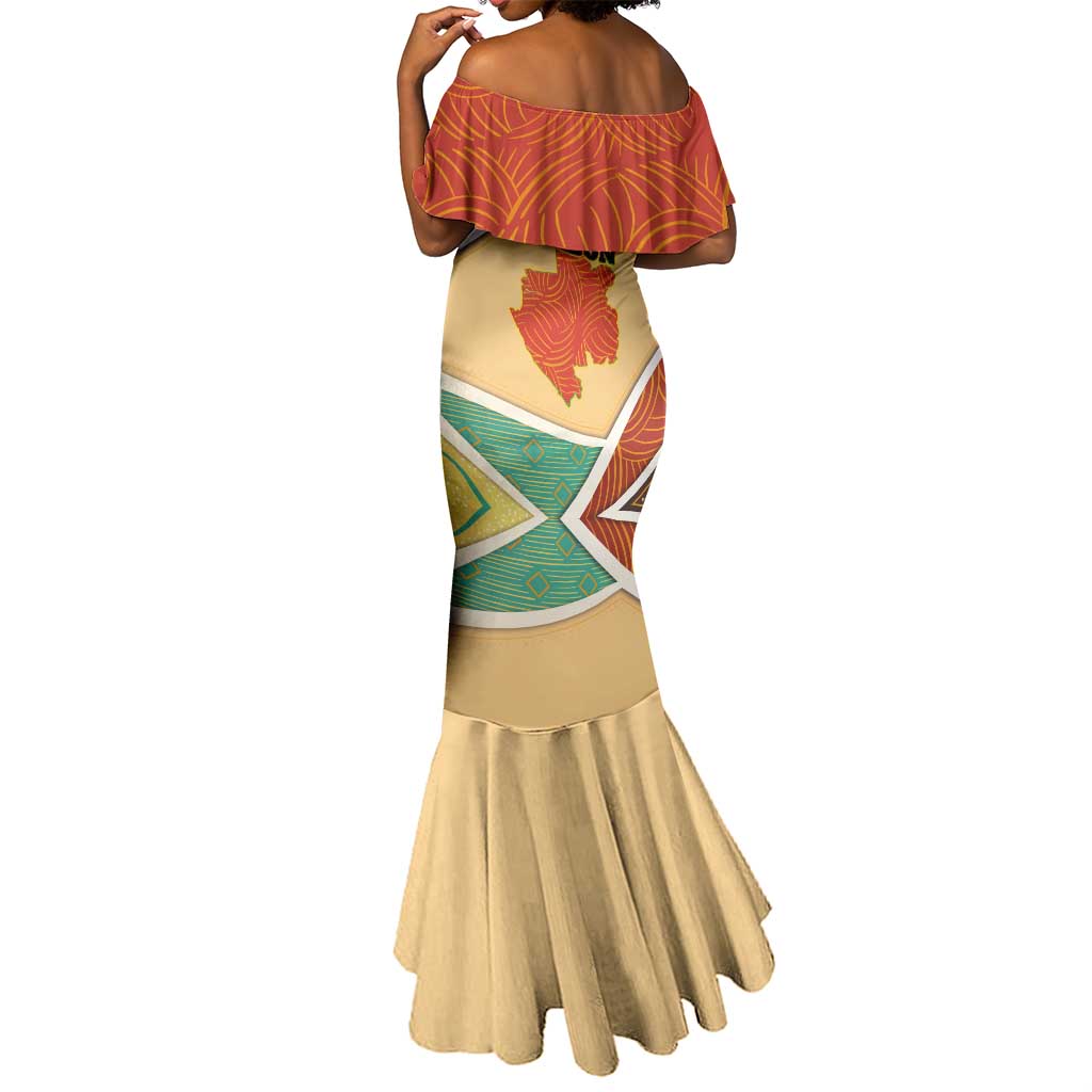 Gabon Mermaid Dress - National Coat of Arms and Tribal Pattern Map Design in Bold Colors